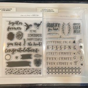 Two 4x6 studio calico stamp sets. “Love birds” and “love and marriage”
